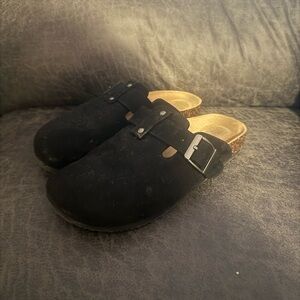 Women’s Black Suede Slip-On Clog with Buckle